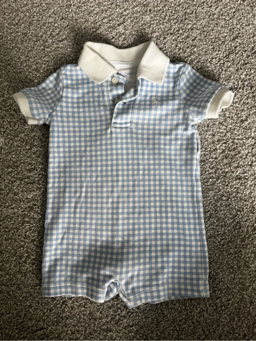 Polo by Ralph Lauren Light Blue and White Gingham Polo Romper